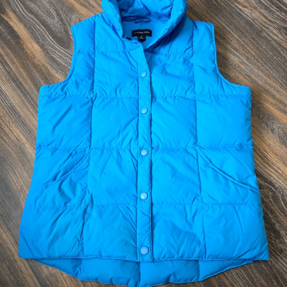 Lands End Womens Blue Puffer Vest Quilted Size S Goose down Insulated